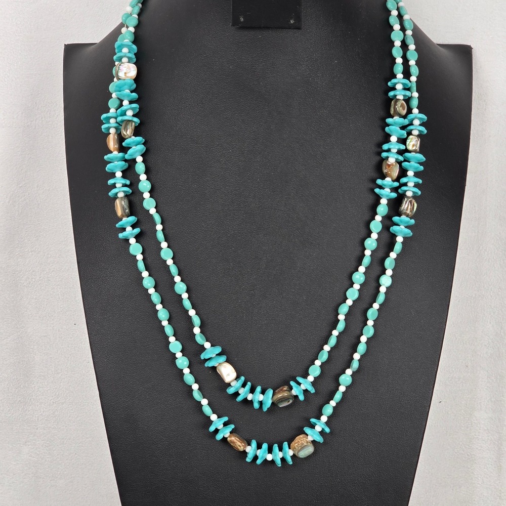 Miriam Haskell Floral Turquoise Blue Lucite & Abalone Shell Bead Necklace 52"